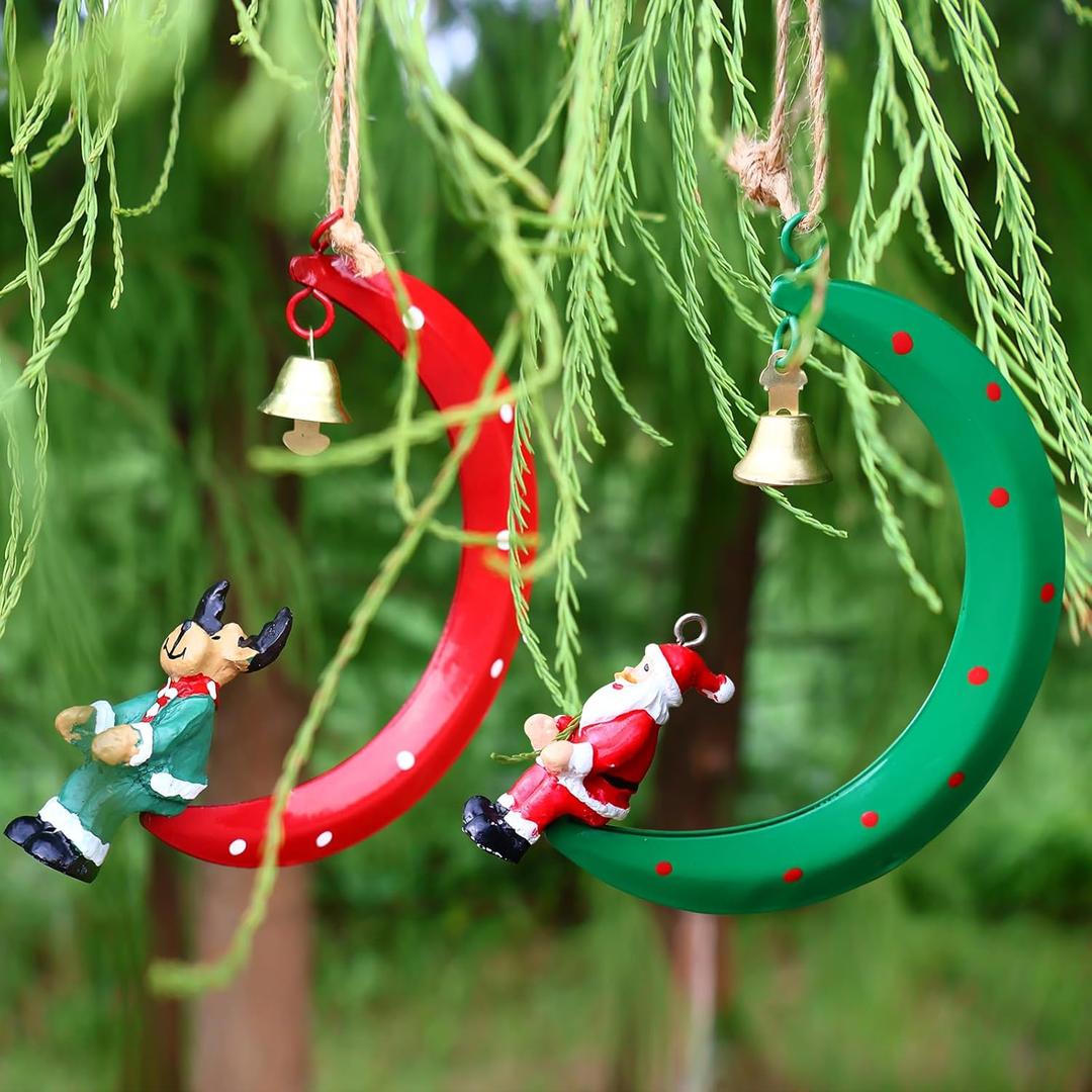 2 x 2pcs Christmas Tree Decorations Moon Ornaments, Hanging Xmas Ornaments Funny Iron Moon Decor with Santa Claus Reindeer Vintage for Xmas Tree New Year Holiday Party Decor