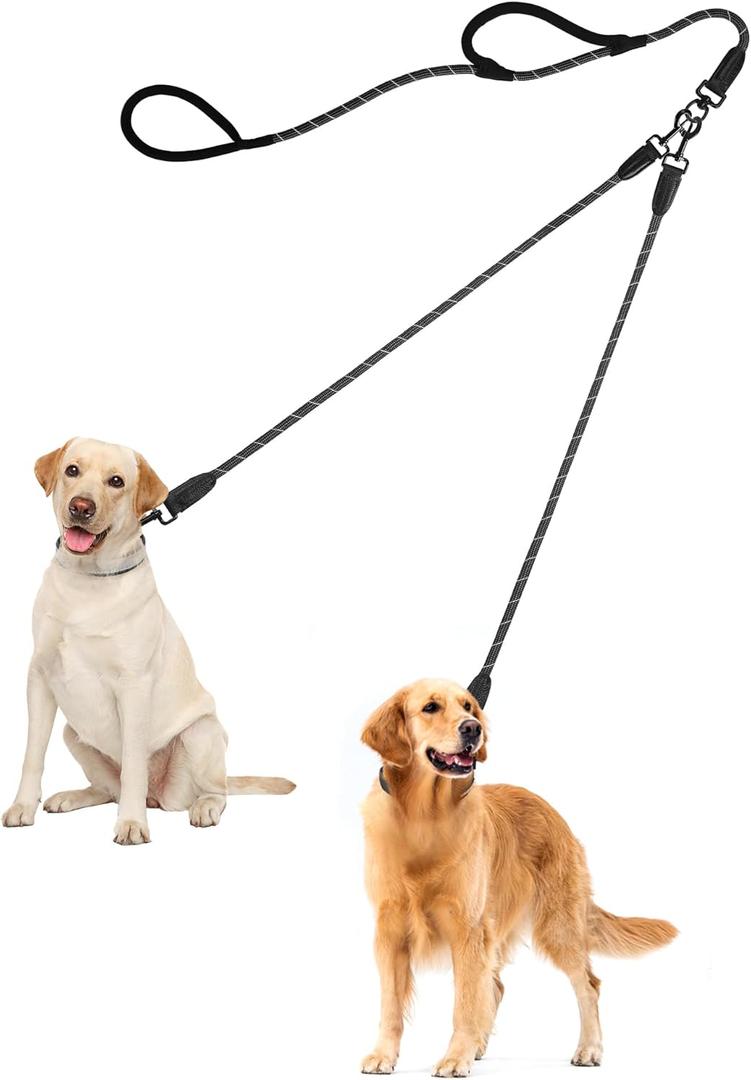 PetBonus Rope Double Dog Leash, No Tangle Dual Leash, Reflective Walking Training Lead with Two Comfortable Padded Handles, Lead Coupler for Medium Large Dogs (1/2 x 6.5FT, Black) (1/2" x 6.5 FT (50~180 lbs.))