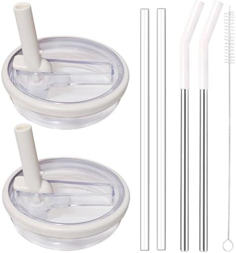 2 Pack 40 oz Flip Straw Lid Replacement Fit for Stanley Quencher Tumbler with Stainless Steel Straws，Leak Proof Splash Resistant Lids for Stanley Cup (White)