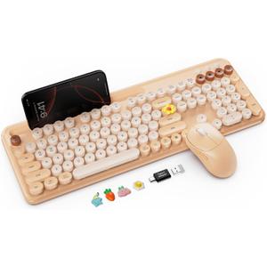 Wireless Keyboard and Mouse Combo with Retro Round Keycaps, Full-Size Cute Typewriter Keyboard with Large Phone/Tablet Holder, 2.4GHz Cordless for Mac, Windows PC, Laptop, Trueque CK13, Milk Tea Beige