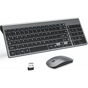 Wireless Keyboard and Mouse with Mouse Pad Ultra Slim Combo, MOOJAY 2.4G USB Quiet Compact Scissor Switch Keyboard Mice Set with Cover, 2 AA and 2 AAA Batteries, for Laptop/PC/Windows - Gray Black