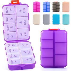 NEW Foldable & Double Protection Portable Weekly Pill Organizer 2 Times A Day with Etched Labels, AM PM 7 Day Week Medicine Box, Daily Travel Pill Case Dispenser for Vitamin, Supplement - Clear Purple