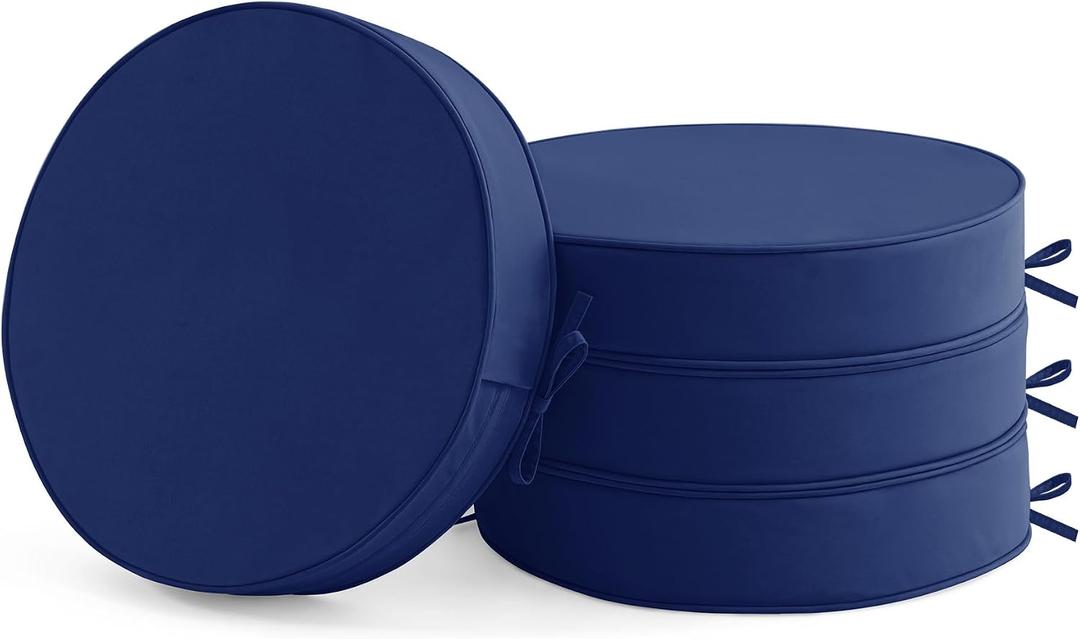 Summsun Outdoor Bistro Chair Cushions Set of 4, 15" D x 3" H Round Chair Cushions Waterproof and Fade Resistant Chair Cushion Pads with Non-Slip Ties and Removable Covers for Garden, Navy Blue, 15x3 Inch -4p