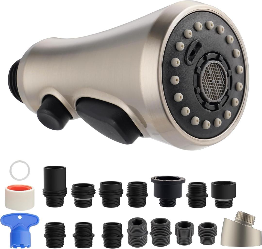 Hibbent Pull Down Kitchen Faucet Head Replacement, 3-Function Kitchen Faucet Head Sink Spray Nozzle with 15 Adapters Compatible with Moen, American Standard, Delta, Kohler Faucets, Brushed Nickel Hibbent Pull Down Kitchen Faucet Head Replacement, 3-Function Kitchen Faucet Head Sink Spray Nozzle with 15 Adapters Compatible with Moen, American Standard, Delta, Kohler Faucets, Brushed Nickel