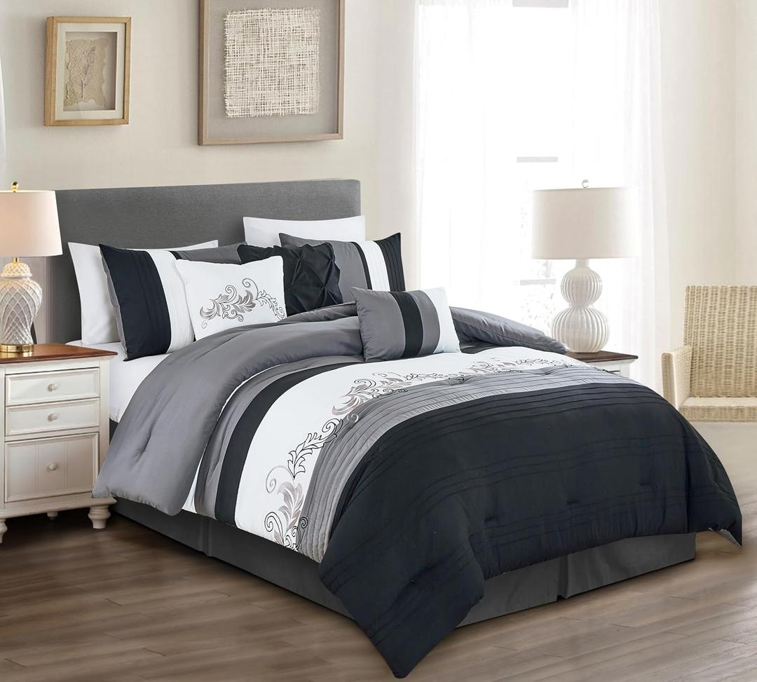 Chezmoi Collection Napa 7-Piece Luxury Leaves Scroll Embroidery Bedding Comforter Set (Queen, Black/Gray/White)