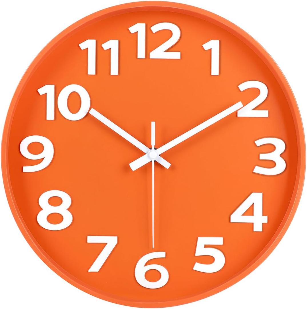 45MinST 12-Inch Modern Indoor Outdoor Wall Clock, Minimalist Orange Design, Silent Non-Ticking, Large Numbers, Perfect Decorative Accent for Home or Office (Orange)