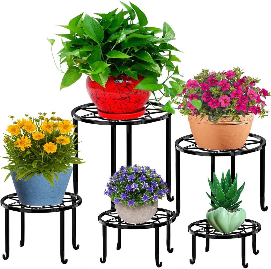 5 Pack Metal Plant Stands,Heavy Duty Potted Holder for Flower Pot,Indoor Outdoor Metal Rustproof Iron Garden Container Round Supports Rack for Planter (Black)