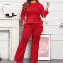 ThusFar Plus Size 2 Piece Outfits for Women Blazer Top Long Sleeve Long Pants Sets Casual Elegant Business Suit with Belt (Red, XL)