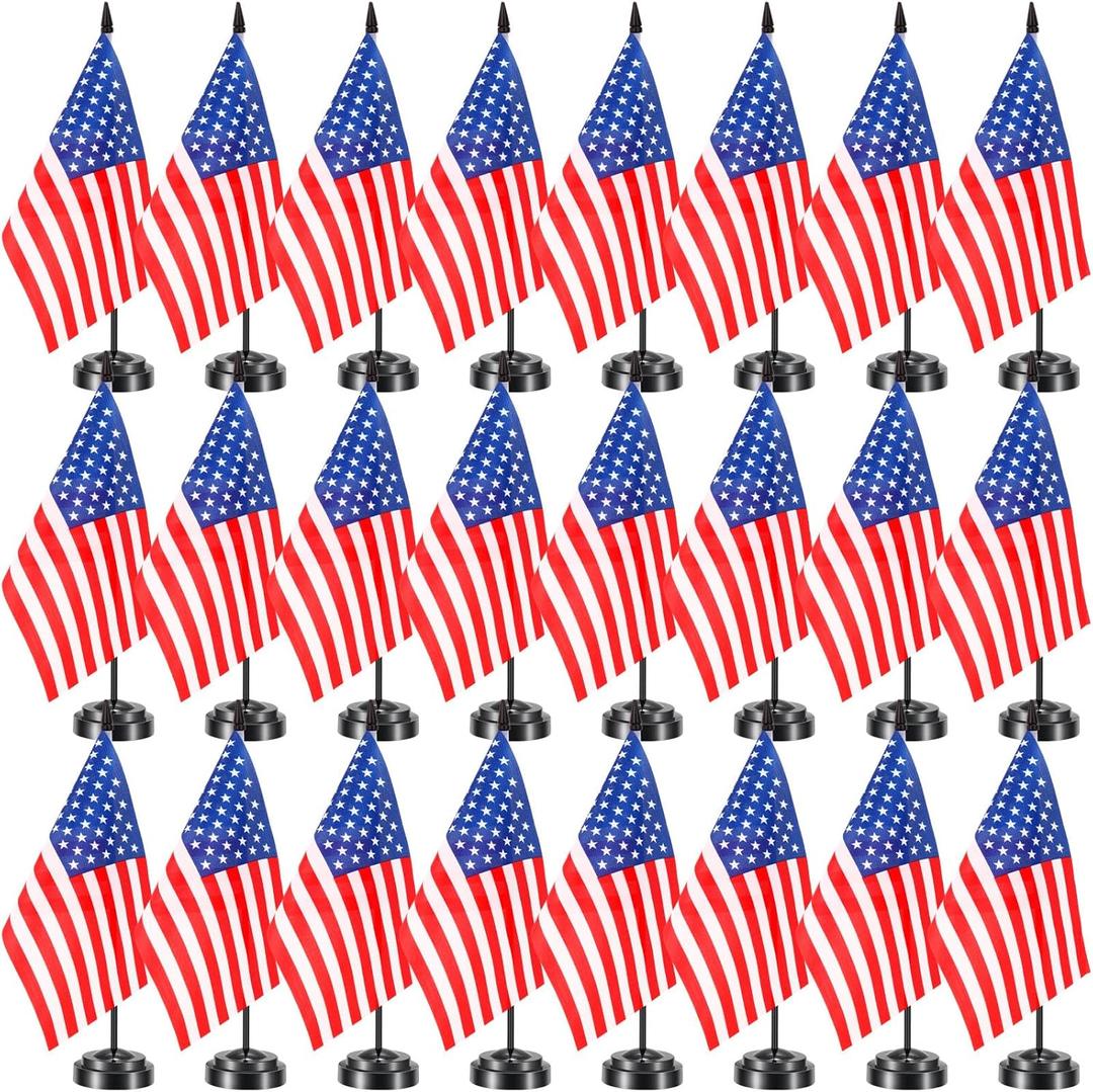 Hahafelt 24 Pcs American Desk Flag Set Small USA Flags for Table with 13" Black Pole, Black Base and Spear Top, American Flag for Home Office Party Festival Celebrations Decor