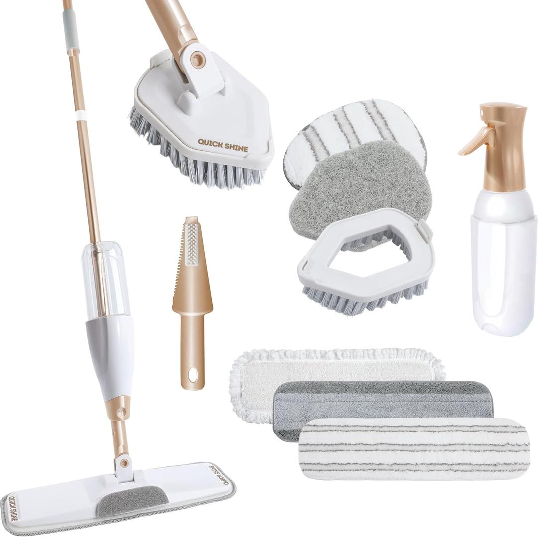 Quick Shine Ultimate Gold Spray Mop Kit | All-in-One 10 Piece Kit w/ Interchangeable Attachments | No Batteries Needed | Pro Cleaning System for All Floor Types | 2-in-1 Mop