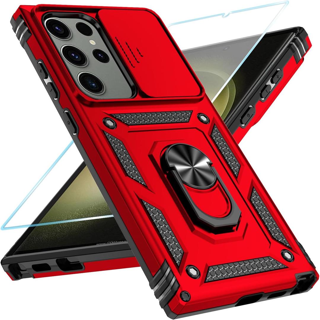 SunStory Phone Case for Samsung Galaxy S23 Ultra Case with HD Screen Protector & Slide Camera Cover & Rotated Ring Kickstand, [Military-Grade] [2 in 1] Phone Case for Galaxy S23 Ultra 6.8",Red