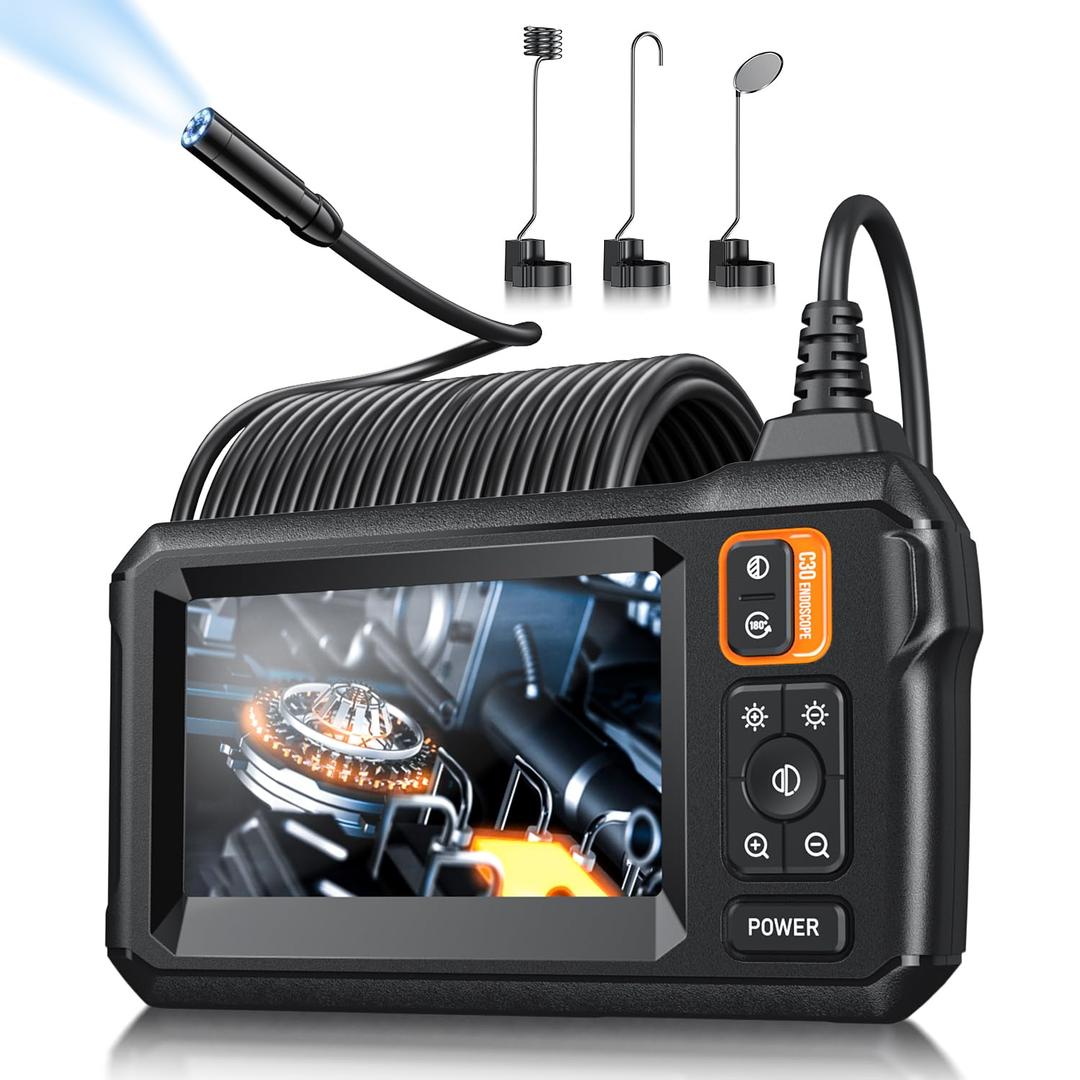Endoscope Camera with Light, Inspection Borescope Camera with 4.3" IPS Screen, 1920P HD with 8 LED Lights, 32.8FT Semi-Rigid Cord Bore Scope, IP67 Waterproof Endoscope for Sewer, Tools(Orange)