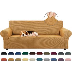 KEKUOU Stretch Sofa Cover Slipcover Couch Covers for 3 Cushion Couch Sofa pet Friendly (78"-94") Furniture Protector Sofa with Elastic Bottom for Kids,Dog, Jacquard Small Checked(Large,Golden)