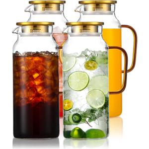 4 Pack 2 Liter/68 oz Glass Pitcher with Lid, Water Pitchers with Handle for Fridge, Large Jug for Iced Tea, Coffee, Borosilicate Glass Carafe for Hot/Cold Brew Drink and Homemade Beverage, Gold