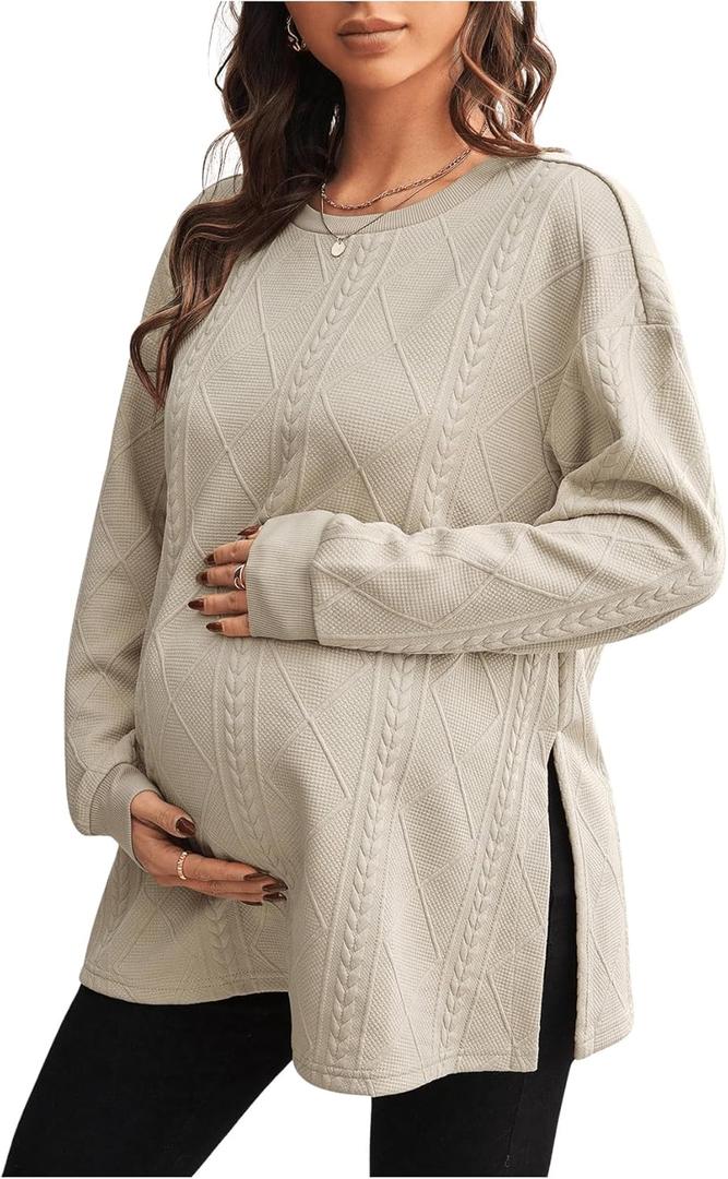 MakeMeChic Women's Maternity Sweatshirt Round Neck Long Sleeve Split Pregnancy Shirt Fall Maternity Clothes Tops (Large, Khaki)