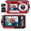Acuvar 48MP Underwater Camera with 32GB Card, 11FT Waterproof Digital Camera, Dual-Screen Selfie, Autofocus, Floatable Compact Snorkeling Camera with 1250mAh Battery (Red)