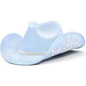 Keilin Rhinestone Cowgirl Hat Disco Cowboy Hat Felt Western Nashville Bachelorette Party Hat for Teens and Adults (6 3/4-7 3/8, Blue)