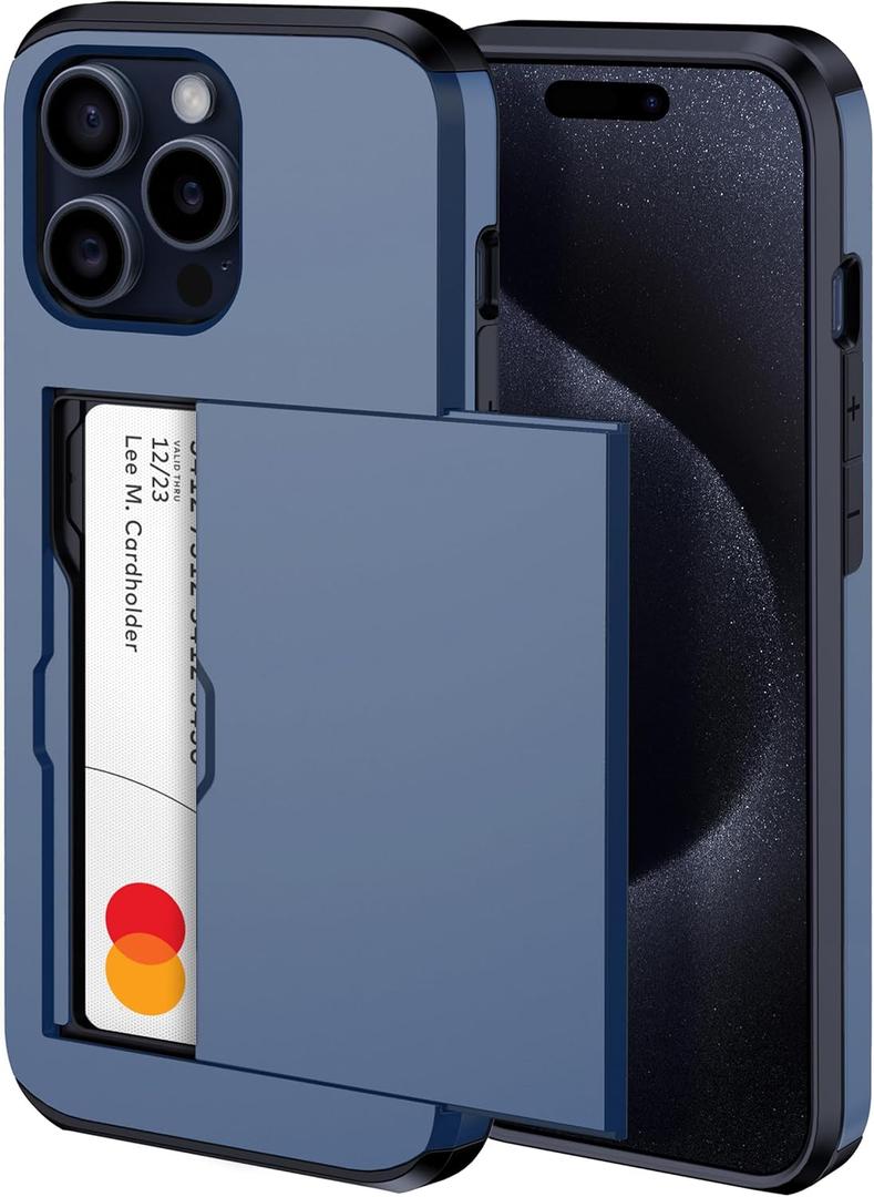 harusaki   iPhone 15 Pro Max Case with Card Holder - Wireless Charging Compatible iPhone 15 Pro Max Wallet Case with Hidden Card Slot for Men and Women (Blue)