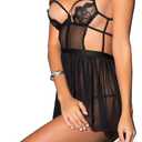 Women's Sexy Lace Lingerie Dress Cupless Strappy Chemise Babydoll Nightwear (Black, L)