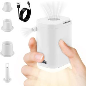 Mini Portable Air Pump with Light, 2025 New Tiny Electric Pump for Inflatables, Rechargeable Inflator Air Mattress Pump for Camping Pool Float with Storage Bags (White)