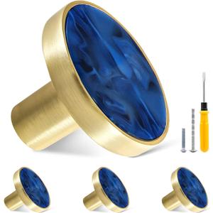 4 Pack Gold Knobs for Dresser Drawers, Brass Dresser Knobs Round Cabinet Knobs for Kitchen Cabinet Cupboard Door Decorative Furniture Hardware, 1-1/4" Diameter, Navy Blue