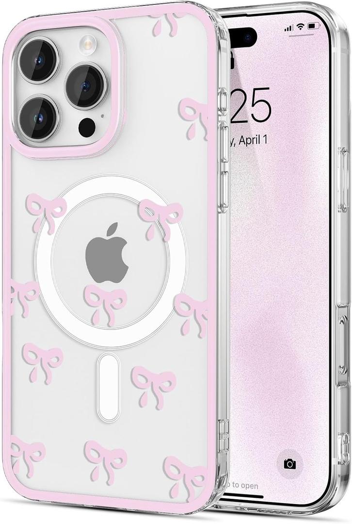 EYZUTAK Magnetic Case for iPhone 13 Pro, Compatible with MagSafe, Clear Cute Ribbon Bowknot Aesthetic Bow Phone Case Stylish Slim Anti-Yellowing Durable PC Protective Cover for Women Girls- Pink