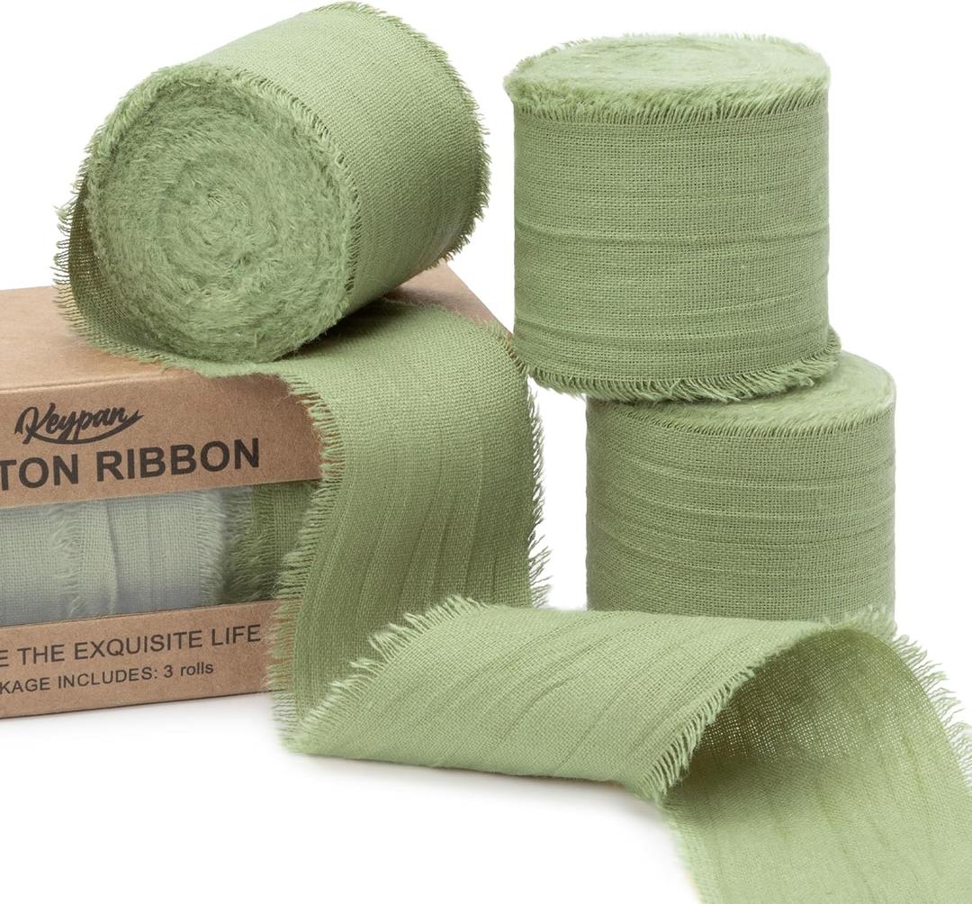 Keypan Sage Green Ribbon 1-1/2 Inch x 15 Yards Crinkle Fabric Cotton Ribbons for Gift Wrapping Wedding Invites Baby Shower DIY Crafts Home Decor