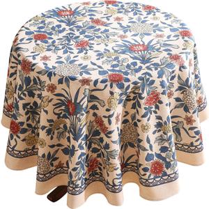 patdrea Designer Small Blue Tablecloth for Round Table,Vintage Linen Leaves and Floral Pattern Tablecloths,Farmhouse Decor Cover for Kitchen Dining Christmas,Thanksgiving,Diameter 55"-Ivar a