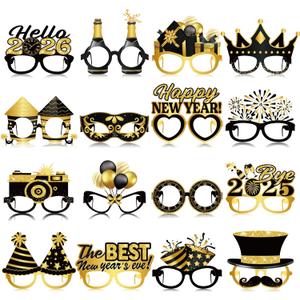 Pajean 32 Pcs Happy New Year Decorations Black Gold Novelty Eyeglasses 2026 Theme Party Paper Glasses Frame Photo Booth Props for 2026 New Years Party Supplies