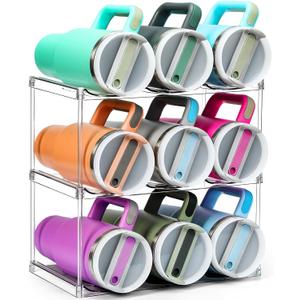 Design for Stanley 40 OZ & Large Bottles & Tumblers with Handle, Acrylic Water Bottle Organizer - Stackable Clear Wine Rack, Cup Holder for Home Kitchen Pantry Shelf Countertop Cabinet, 3 Tier Hold 9