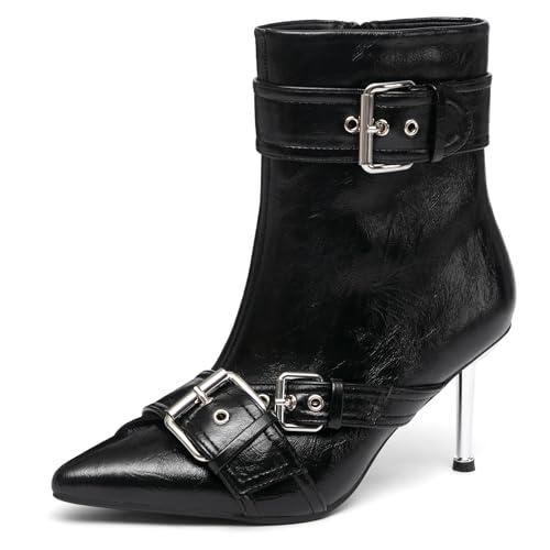 NEWBELLA Women's Faux Leather Ankle Boots - Fashion Stiletto Heel Short Boots with Metal Buckle Decoration, Edgy Chic Booties for Night Out & Parties, Black 7.5