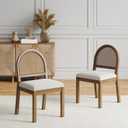 Nathan James Bailey 19 in. Boucle Dining Chair, Upholstered Side Chair with Natural Woven Rattan Back and Solid Wood Legs, Light Brown