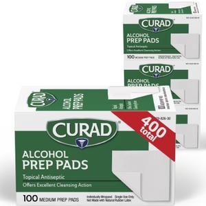 CURAD Alcohol Prep Pads (Pack of 4 Boxes) | 400 Pieces of Medium Isopropyl Wipes Individually Wrapped | First Aid Swabs for Cuts & Scrapes | Medical Pads for General Cleansing