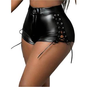 Floerns Women's Plus Size High Waisted Leather Shorts Lace Up Side Skinny Club Mini Shorts (XX-Large Plus, Black)