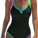 popvil One Piece Swimsuits Women 2026 Tummy Control - Modest Bathing Suit Shapewear Swimwear Retro Neon Swim Suit (M)
