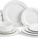 4 Different Embossed Ceramic Dinnerware Set for 4 - Arctic White Vintage Plates & Bowls Set 12 Piece - Microwave & Dishwasher Safe Porcelain Chip Resistant Handmade Dishware Set Kitchen Gift