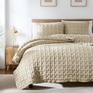 Beige King Size Quilt Set, Lightweight Cross Pick Stitch Bedspread with 2 Shams, Netural Soft Cloud Puffy Farmhouse Country Textured Coverlet Rustic Thin Comforter Spring Summer, 3-Piece Bedding Set