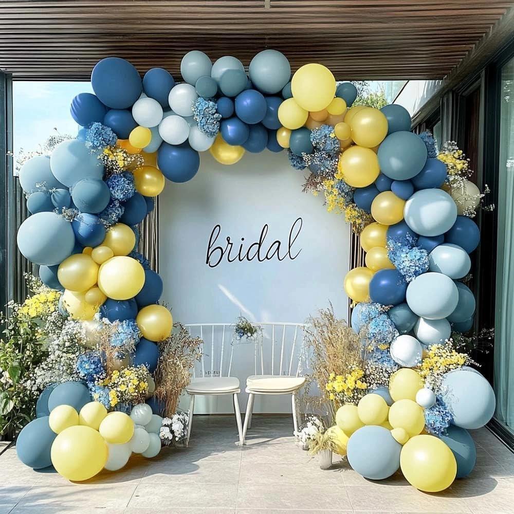 Dusty Blue Yellow Balloon Arch Kit Double Stuffed Dark Pastel Blue Light Yellow Pearl Balloon Garland for Birthday Bridal Wedding Baby Shower Lemon Valentines Party Decoration