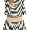 MISSACTIVER 2 Piece Lounge Set Women Stripe Knit Short Sleeve Tee Shirts Shorts Casual Summer Loungewear Shorts Sets (White, M)
