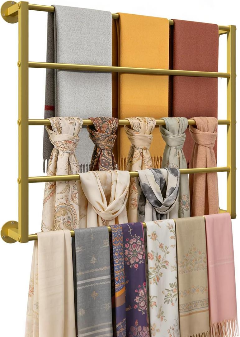 Wall Mounted Scarf Rack, Gold Silk Scarves Hijab Hanger Organizer Metal Racks Wrapping Tissue Paper Ribbon Holder Towels Storage Display for Flower Shop Retail Store (Gold, 5T-27.623.6IN)
