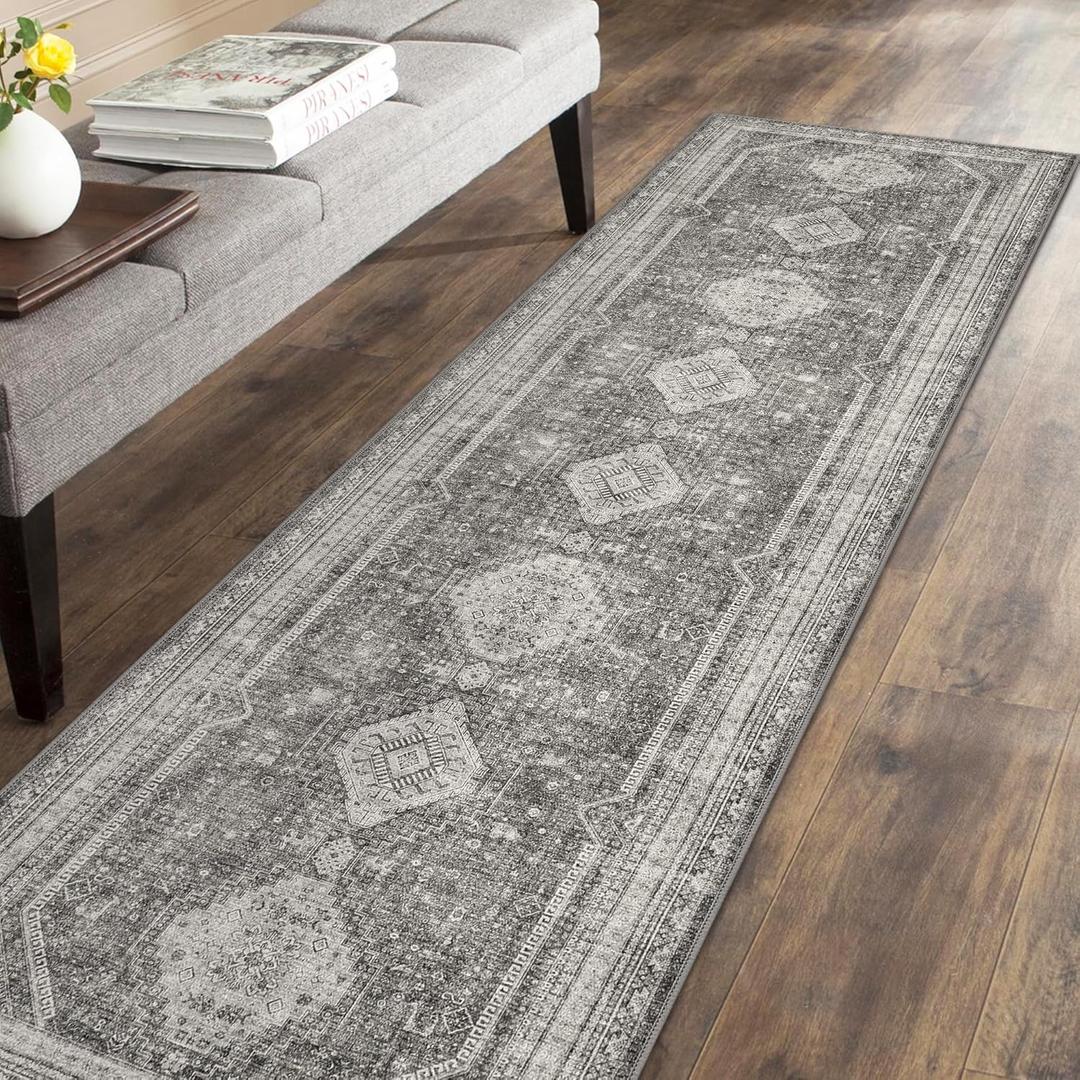 GENIMO 2x5 Non Slip Hallway Runner Rug, Machine Washable, Thin & Low Pile Lightweight for Kitchen, Laundry, Entryway, Bedroom & Living Room, Gray (Grey)