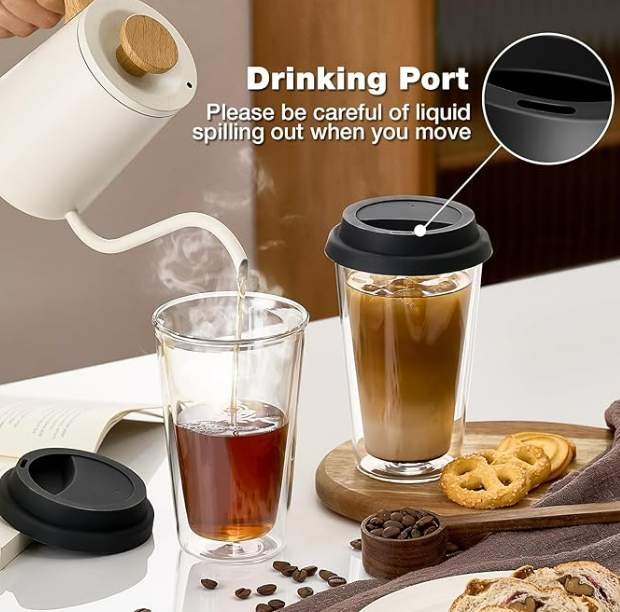 2 Packs Double Walled Glass Coffee Mugs with Silicone Lids, 12 OZ Reusable Glass Coffee Cups, Insulated Coffee Mugs, Cappuccino,Tea,Latte,Iced Coffee Cups, Glass Travel Mug, Heat Resistant