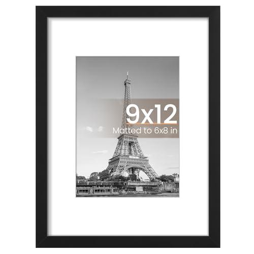 upsimples 9x12 Picture Frame, Display Pictures 6x8 with Mat or 9x12 Without, Wall Hanging Photo Frames, Black, 1 Pack