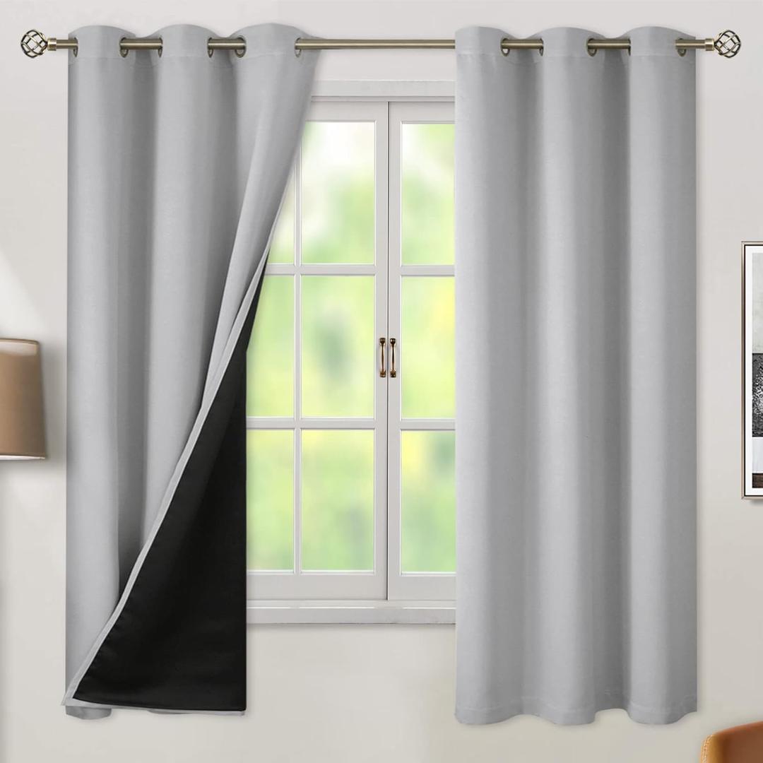 BGment 100% Blackout Curtains for Bedroom with Black Liner, Thermal Insulated Thick Double Layers Total Light Blocking Grommet Window Curtains 63 Inch Length 2 Panels Set (52 x 63 Inch, Light Grey)