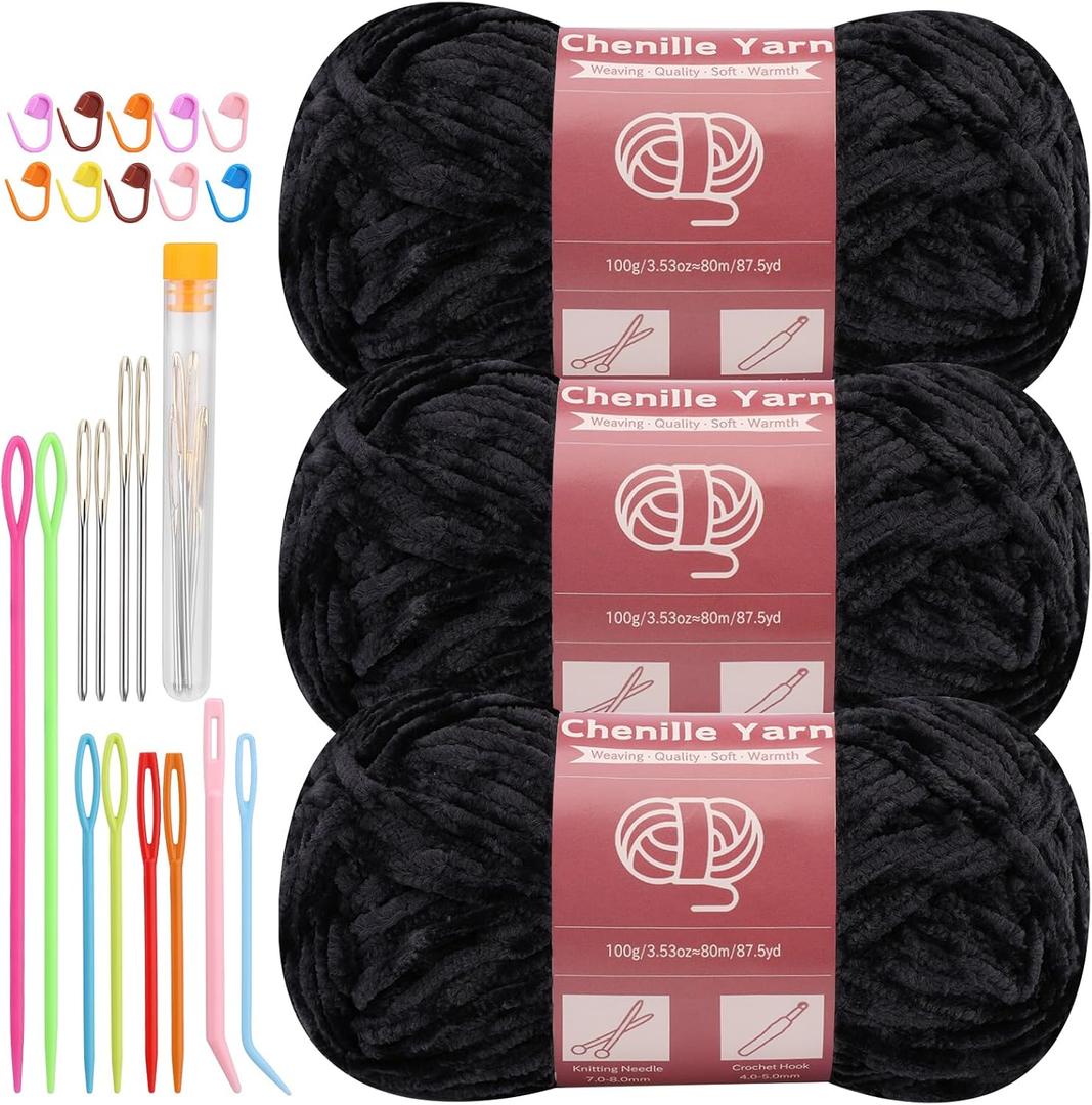 LUNARM Chenille Yarn for Crocheting Knitting, 3 Pack of 100g/3.5oz Velvet Yarn Thick Soft Chunky Fluffy Weaving Plush for Blankets Clothes Pattern Creations 263 Yard with Big Eye Needles (Black) (Solid Color)