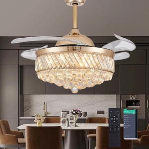 48" Dimmable Gold Fandelier Crystal LED Ceiling Fans with Lights and Remote Chandeliers Ceiling Fan for Bedroom,Dining Room,Living Room (Gold, 48 in)