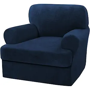 H.VERSAILTEX Sofa Cover 2 Piece T Cushion Armchair Slipcovers Thick Velvet Couch Cover Furniture Protector Stretch T Cushion Sofa Covers for 1 Cushion Couch with 1 Individual T Cushion Covers, Navy