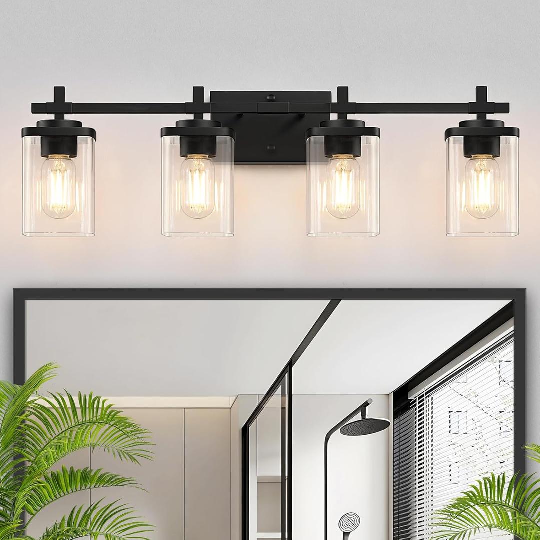 Spiglamm 4-Lights Matte Black Bathroom Light Fixture, Modern Black Vanity Lights Over Mirror with Clear Glass Shade, Bathroom Wall Mounted Lamp for Mirror Living Room Hallway Cabinet