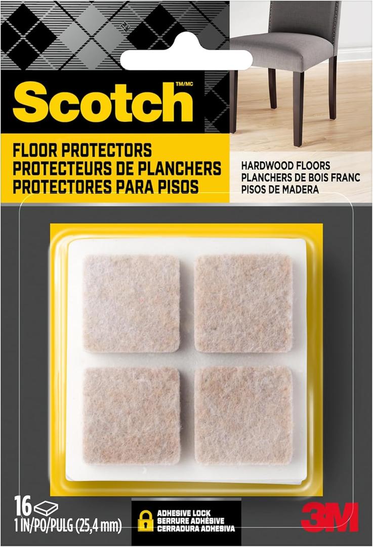 Scotch Felt Pads 16 PCS Beige, Felt Furniture Pads for Protecting Hardwood Floors, 1 x 1 in. Square, Easy-to-Apply, Self-Stick Design, Reliable Protection from Nicks, Dents and Scratches (SP802-NA)