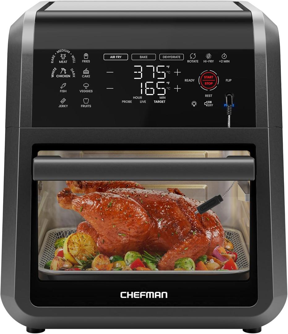 CHEFMAN ExacTemp 12 Quart 5-in-1 Air Fryer with Integrated Smart Cooking Thermometer, 28 Touchscreen Presets, Rotisserie, Dehydrator, Bake, XL Convection Oven with Auto Shutoff, Black